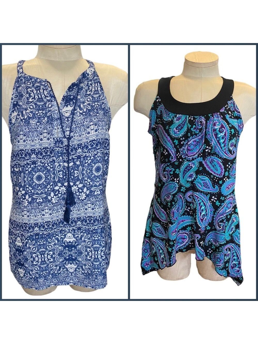 St. Tropez Size M Women’s Sleeveless Blouse Lot Blue White & Black Paisley Tops